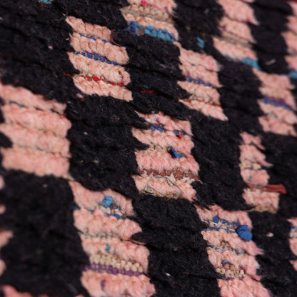 Vintage Moroccan Boucherouite Rug – Black & Pink Checkerboard Pattern – Handmade Berber Carpet