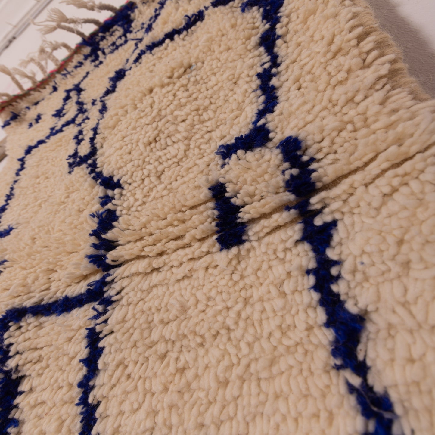 New Handmade Azilal Wool Rug - Abstract Blue Figures on Cream - Moroccan Tribal Decor for Floor or Wall