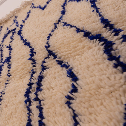 Handwoven Moroccan Wool Rug - Blue Tribal Geometric Patterns on Cream Base - Artisan Crafted