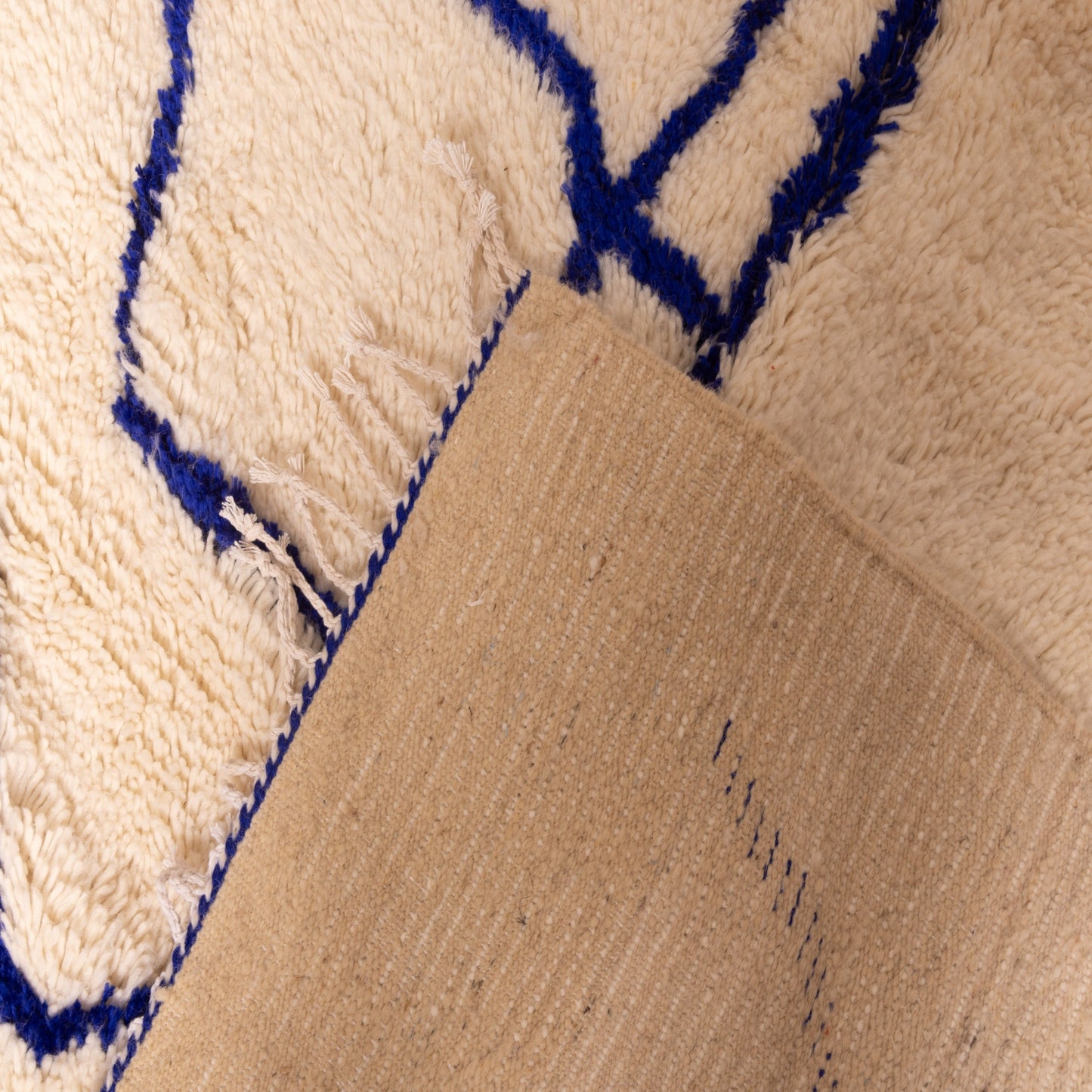 Abstract Minimalist Moroccan Rug - Handwoven Wool Azilal Carpet - Modern Tribal Wall Art - Cream & Indigo Berber Design