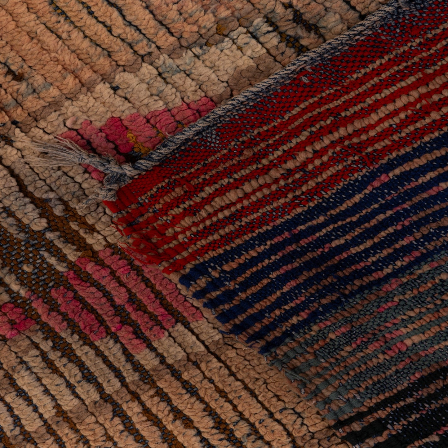 Vintage Moroccan Runner Rug - Handwoven Wool Carpet - Abstract Design in Earthy Tones with Pink & Red Accents