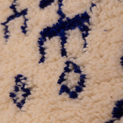 New Handmade Azilal Wool Rug - Tribal Symbols in Blue on Cream - Boho Moroccan Wall Art or Floor Decor