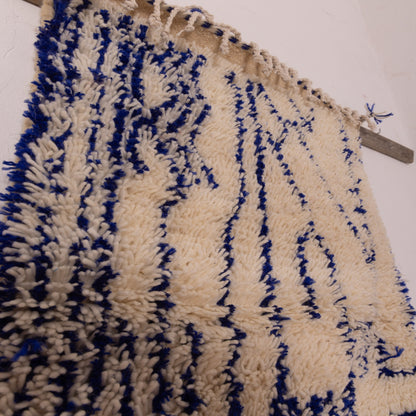 New Handmade Azilal Wool Rug - Abstract Blue Tribal Patterns on Cream - Moroccan Floor or Wall Decor