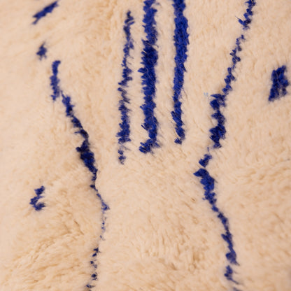 Abstract Berber Azilal Rug with Tribal Indigo Symbols - Handwoven Moroccan Wool & Cotton Carpet - One-of-a-Kind Art Rug