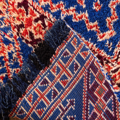 Vintage Moroccan Geometric Runner Rug - Bold Blue, Red & Cream Diamond Pattern - Handwoven Wool - 80% Wool 20% Cotton
