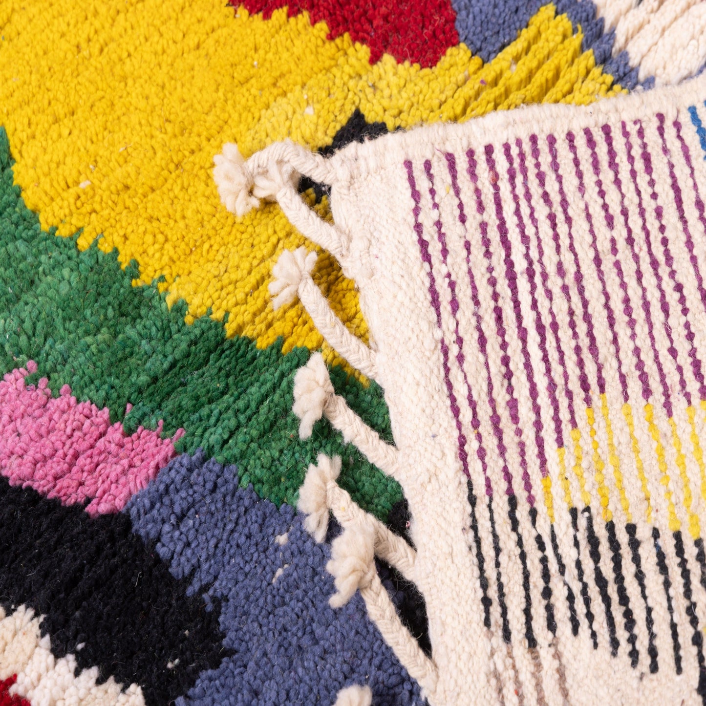 Animal Motif Boujad Rug – New Moroccan Wool Rug – Bold Berber Abstract with Yellow, Red & Navy – Handmade Wall Hanging or Accent Rug