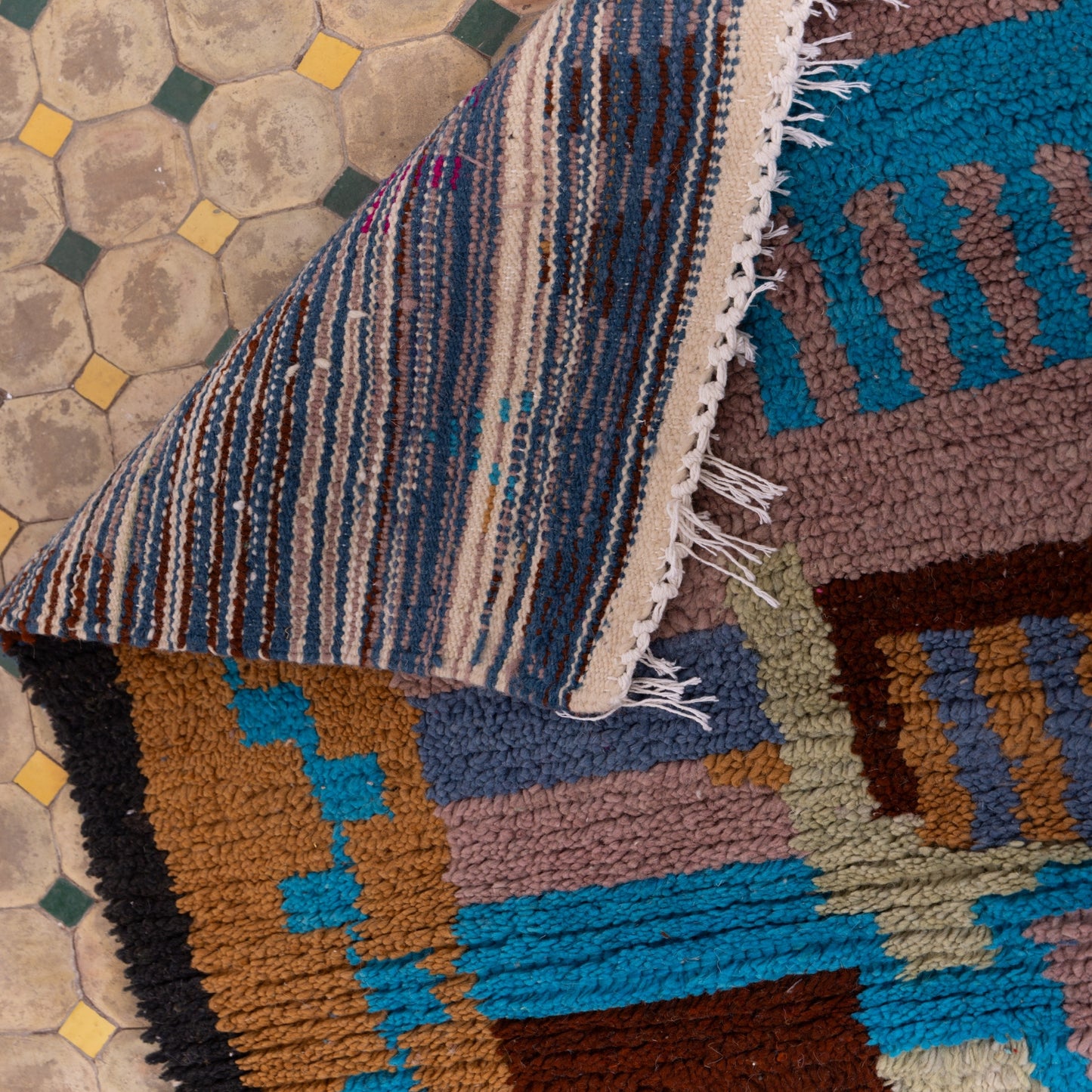Geometric Village Boujad Rug – New Moroccan Wool Rug – Earth Tones & Sky Blue Abstract Design – Berber Handwoven Wall Hanging