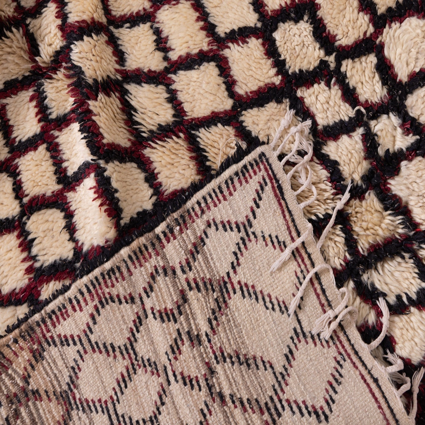 Classic Beni Ourain Rug - Diamond Lattice in Burgundy and Black on Ivory Wool