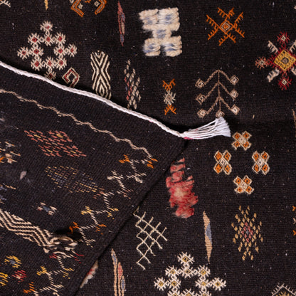 Handwoven Moroccan Akhnif Rug – Dark Berber Wool & Cotton Carpet with Vibrant Tribal Symbols