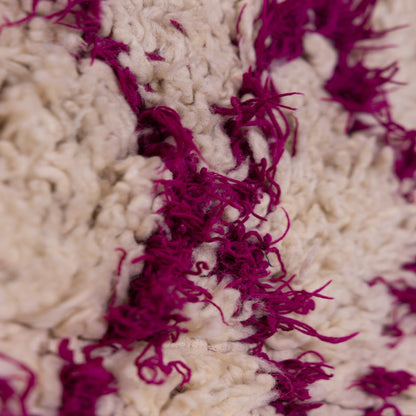 Vintage Moroccan Azilal Rug - Shaggy Cream Wool Runner with Fuchsia Diamond Pattern