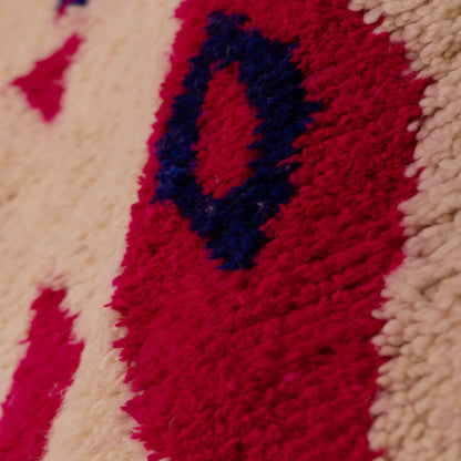 Moroccan Azilal Rug - Handmade Wool & Cotton Carpet - Magenta & Indigo Berber Symbols - Tribal Wall or Floor Art