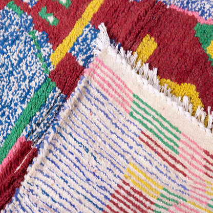 Bold Abstract Boujad Rug – New Moroccan Wool Rug – Pink, Yellow, Blue & Green Modern Art Design – Handmade Berber Textile Wall Hanging
