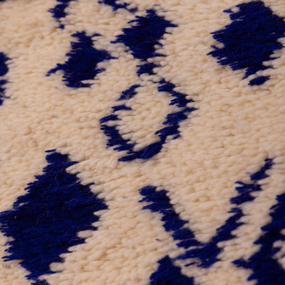 New Handmade Azilal Wool Rug - Blue Geometric Diamonds on Cream - Modern Moroccan Tribal Decor