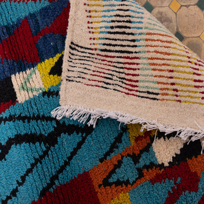 Vibrant Geometric Boujad Rug – New Moroccan Wool Rug – Tribal Patchwork in Yellow, Blue, Red & Black – Bold Boho Wall Tapestry or Accent