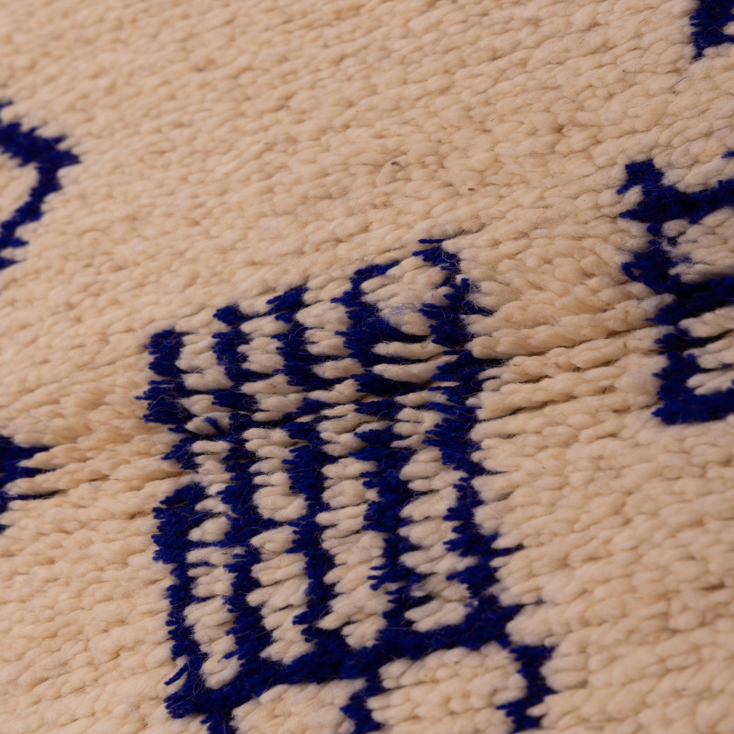 New Handmade Azilal Wool Rug - Abstract Blue Moroccan Symbols on Cream - Modern Tribal Wall or Floor Decor