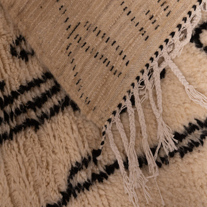 Minimalist Moroccan Azilal Rug - Handmade Wool Wall Hanging or Small Area Rug - Cream & Black Tribal Pattern
