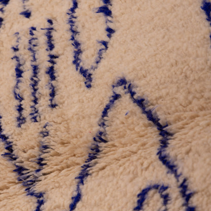 New Handmade Azilal Wool Rug - Abstract Blue Moroccan Design on Cream - Modern Tribal Wall Art or Floor Rug