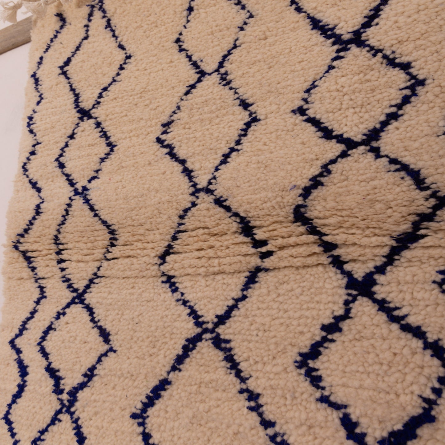New Handmade Azilal Wool Rug - Diamond Pattern in Blue on Cream - Modern Moroccan Decor