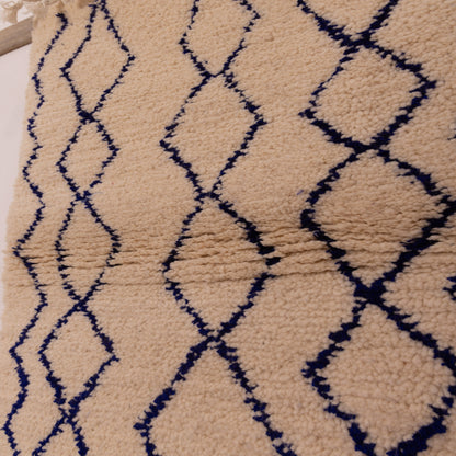 New Handmade Azilal Wool Rug - Diamond Pattern in Blue on Cream - Modern Moroccan Decor