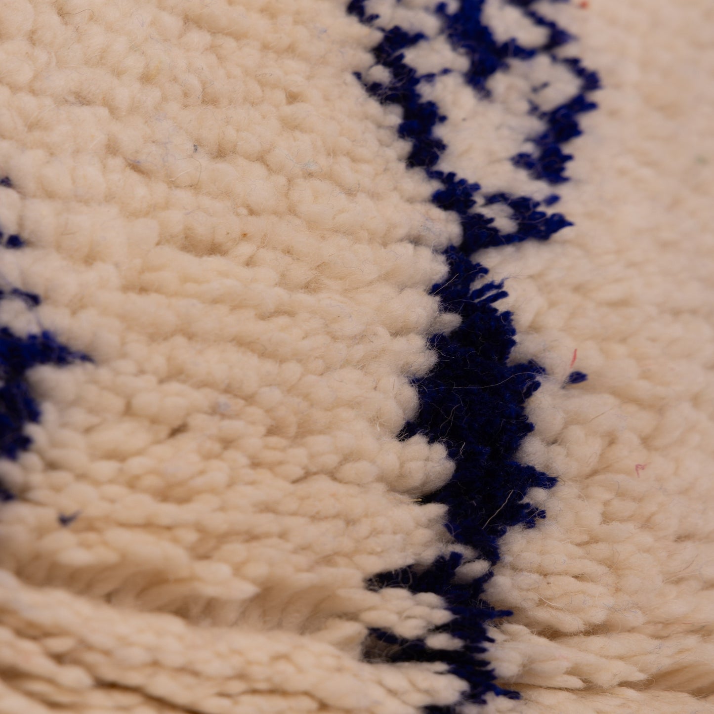 New Handmade Azilal Wool Rug - Abstract Blue Tribal Motif on Cream - Modern Moroccan Wall or Floor Decor