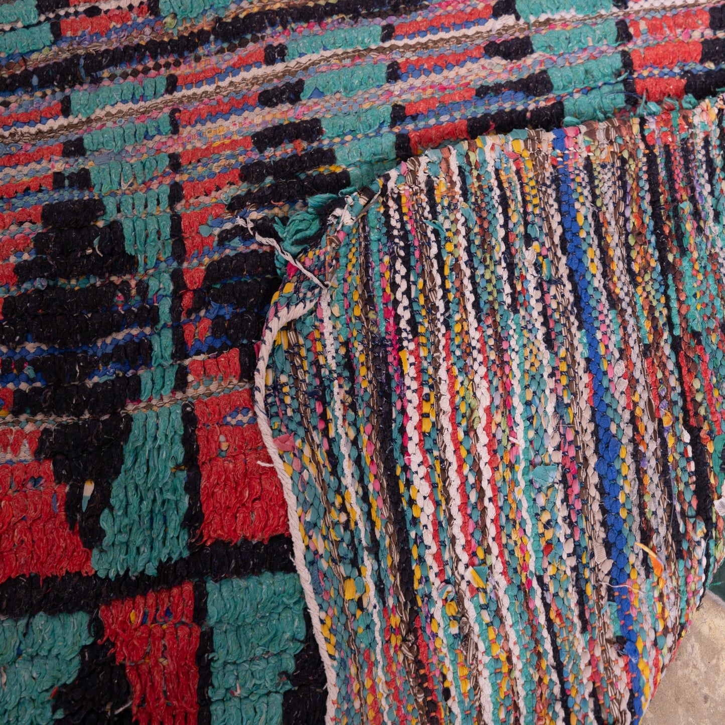 Vintage Azilal Rug – Bold Red & Green Moroccan Wool Rug - Handwoven Tribal Art Piece - Mid-Century Berber Carpet