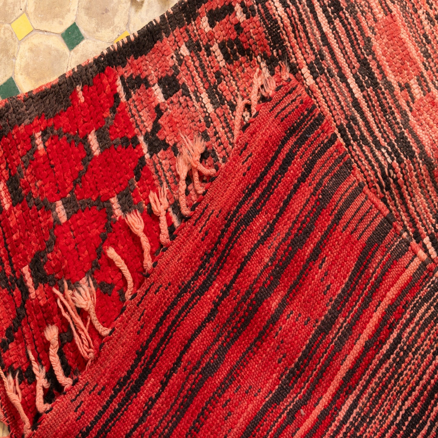 Vintage Moroccan Berber Runner Rug - Faded Red Diamond Pattern - Handmade Tribal Hallway Carpet