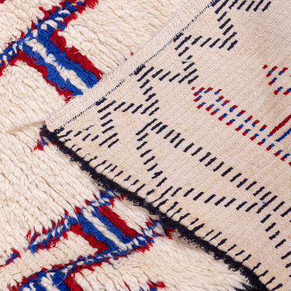 Handwoven Vintage Moroccan Berber Rug – Geometric Tribal Design in Bold Red & Blue ;  8,53 ft  / 6,40 ft