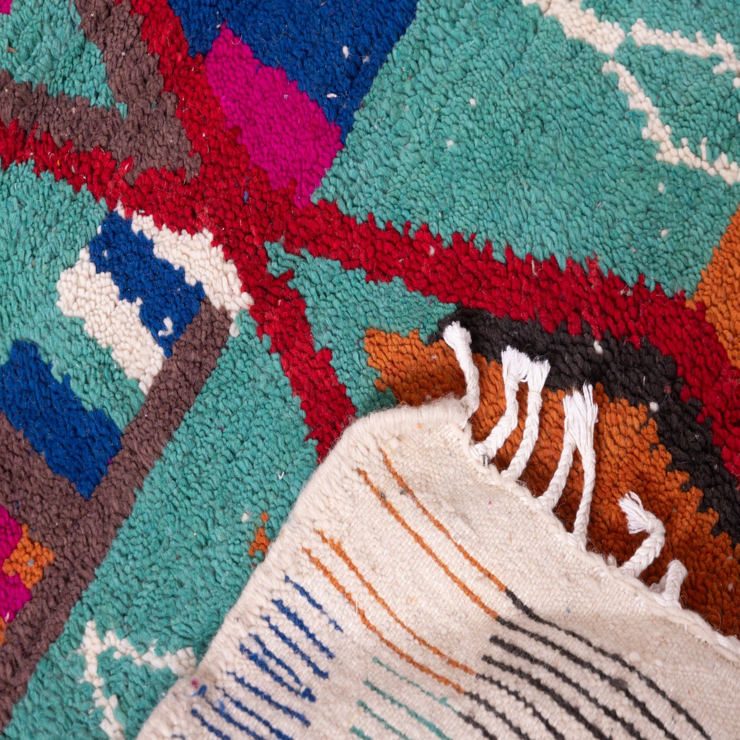 Colorful Diamond Boujad Rug – New Moroccan Wool Rug – Tribal Berber Wall Hanging – Emerald Green, Fuchsia & Orange Handmade Textile Art