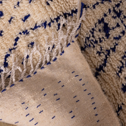 New Handmade Azilal Wool Rug - Blue Abstract Pattern on Cream - Moroccan Modern Decor