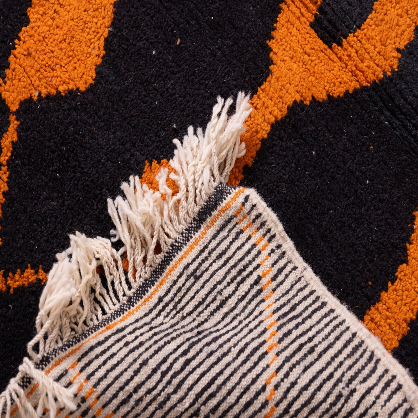 Minimalist Boujad Rug – New Moroccan Wool Rug – Burnt Orange & Black Tribal Figures – Handwoven Berber Wall Art or Floor Accent