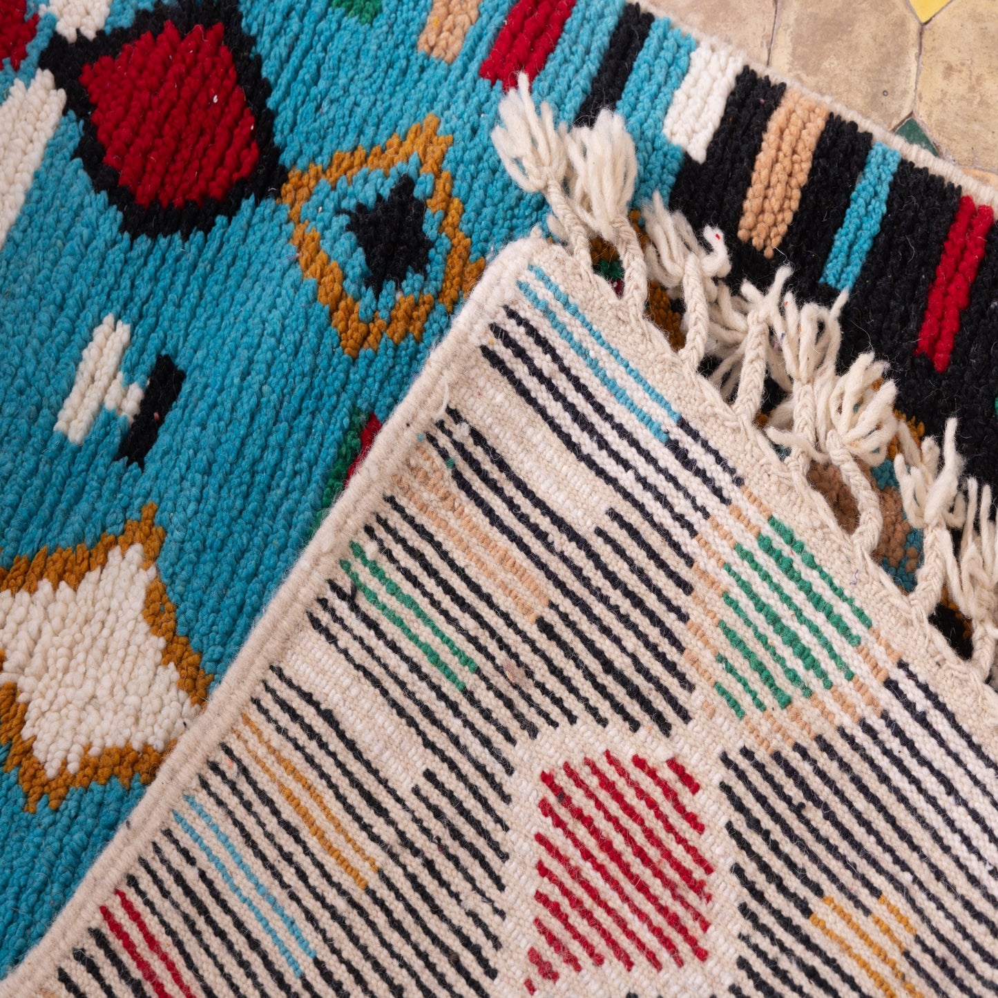 Totemic Diamond Boujad Rug – New Moroccan Wool Rug – Tribal Pattern in Black, Turquoise, Cream & Red – Handwoven Berber Wall Hanging