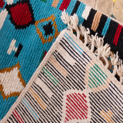 Totemic Diamond Boujad Rug – New Moroccan Wool Rug – Tribal Pattern in Black, Turquoise, Cream & Red – Handwoven Berber Wall Hanging