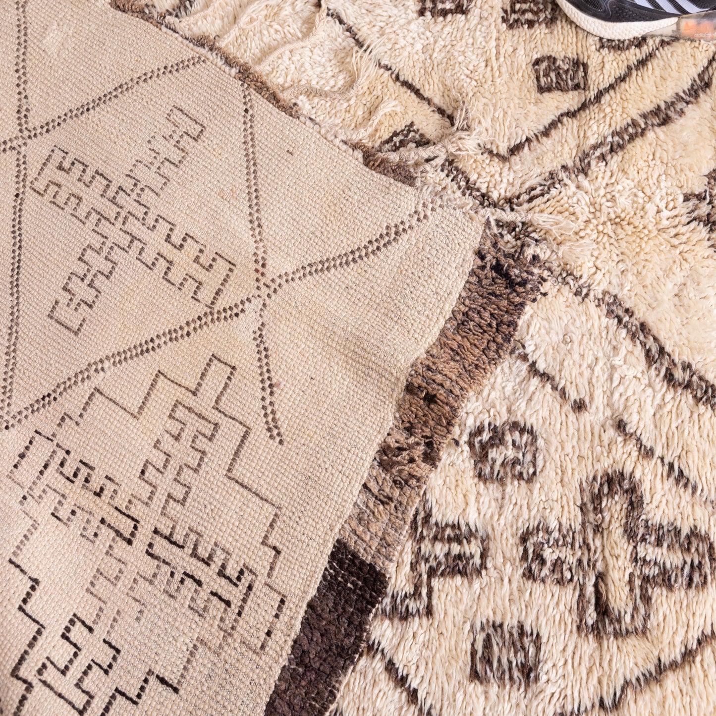 Vintage Moroccan Beni Ourain Rug | Handwoven Wool Berber Carpet with Tribal Symbols ;  10,83 ft  / 6,40 ft