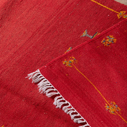 Handwoven Moroccan Akhnif Rug – Bold Red Berber Wool & Cotton Carpet with Symbolic Motifs