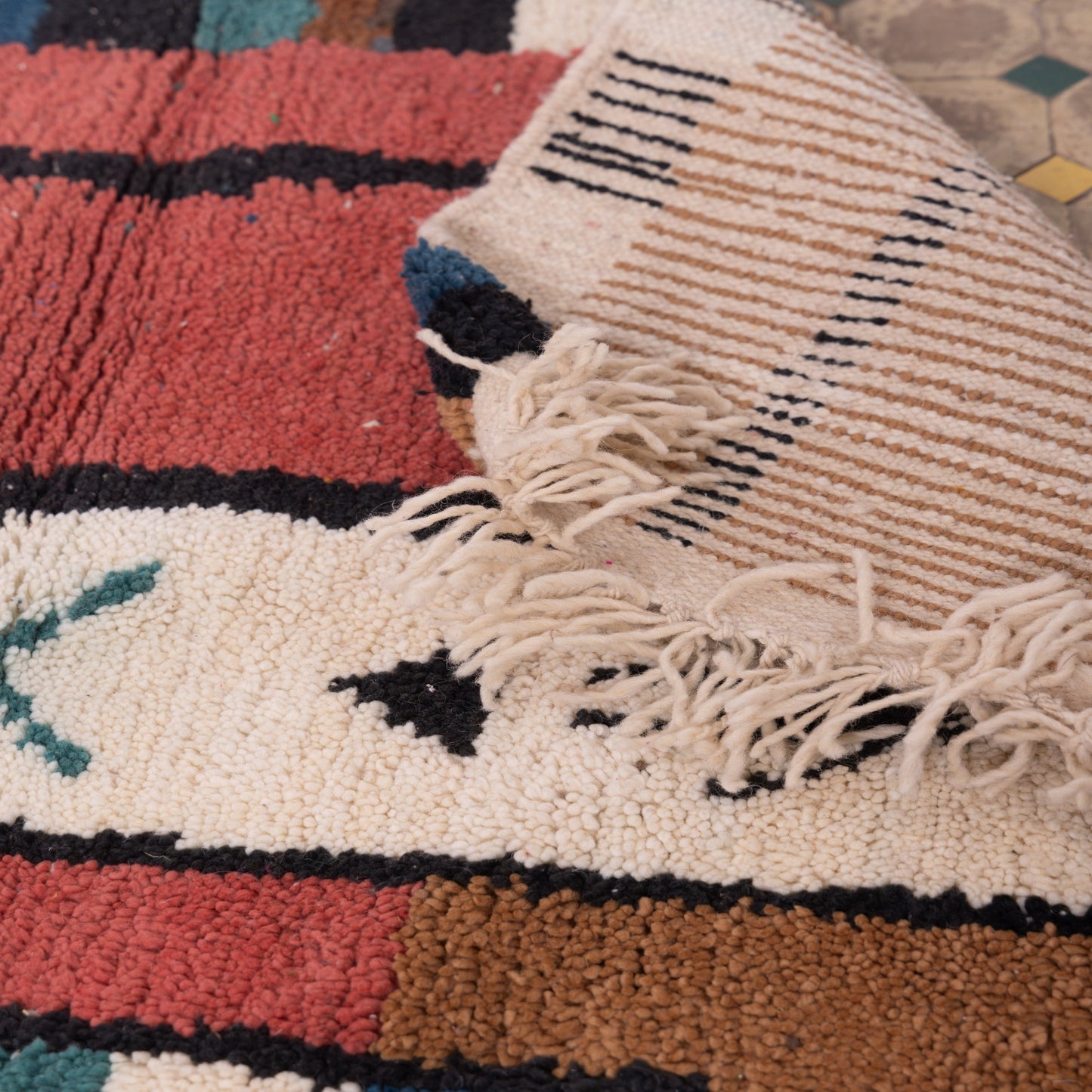 Tribal Symbol Boujad Rug – New Moroccan Wool Rug – Earthy Abstract Wall Hanging – Mustard, Ivory, and Terracotta Handmade Berber Art