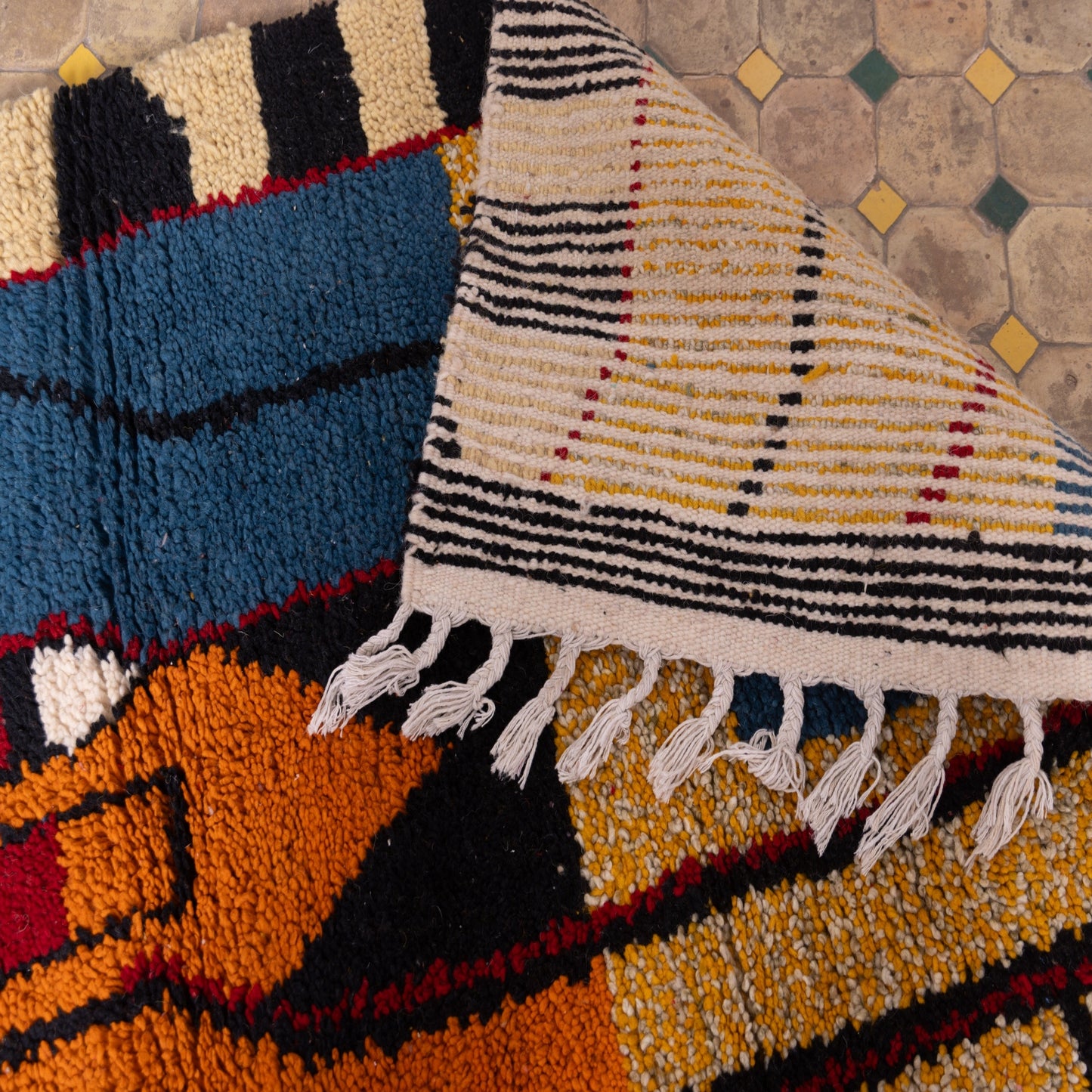 Vertical Symbol Boujad Rug – New Moroccan Wool Rug – Red, Yellow & Teal Tribal Design – Handwoven Boho Wall Hanging or Statement Rug
