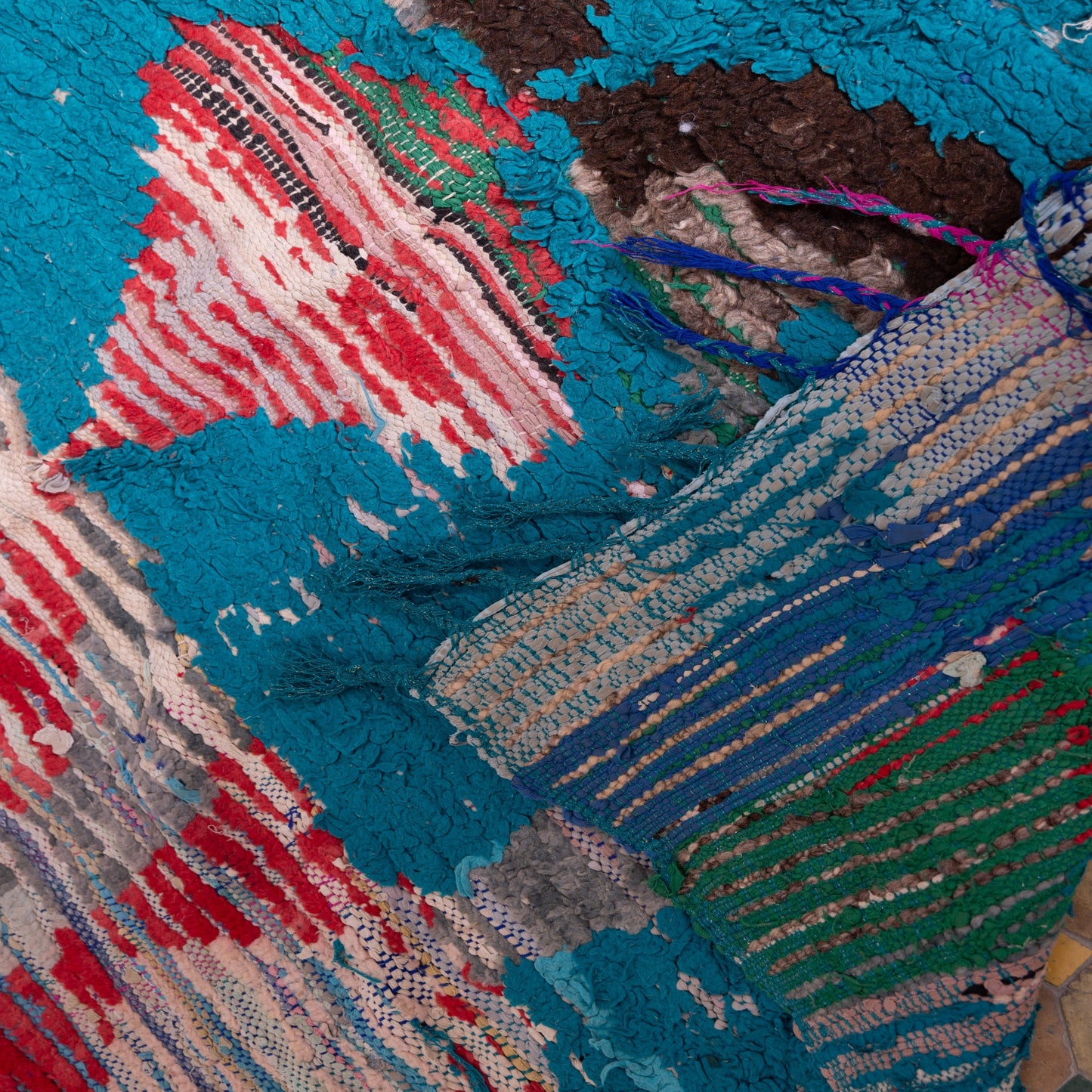 Vintage Moroccan Boucherouite Rug – Handwoven Berber Carpet with Turquoise & Red Abstract Patterns