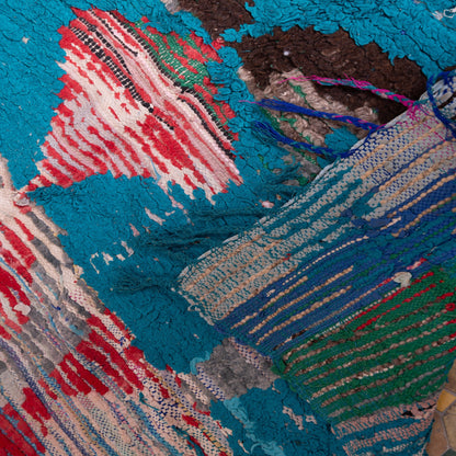 Vintage Moroccan Boucherouite Rug – Handwoven Berber Carpet with Turquoise & Red Abstract Patterns