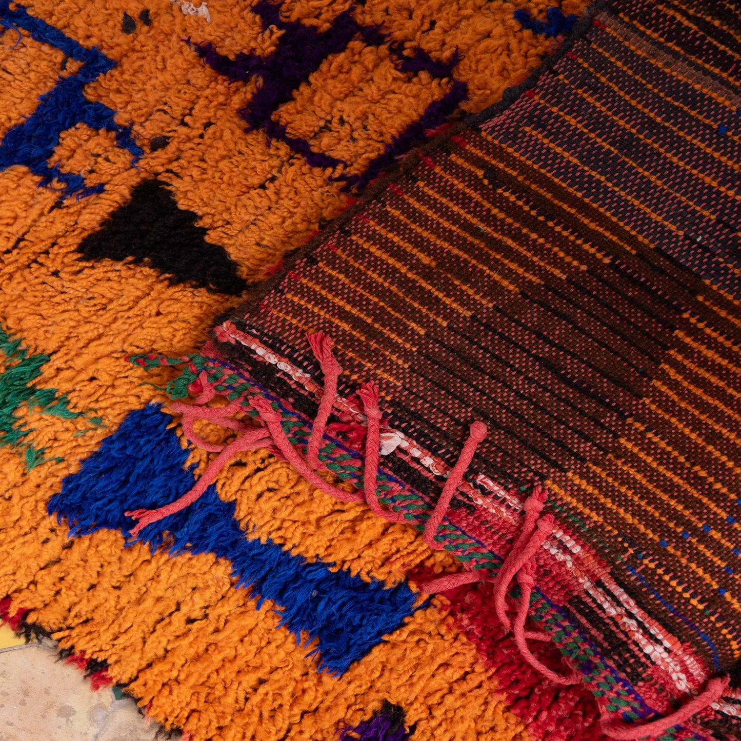 Vintage Orange Azilal Rug - Moroccan Berber Wool Carpet - Bold Tribal Pattern in Red, Green, and Black