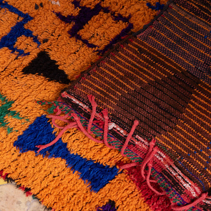 Vintage Orange Azilal Rug - Moroccan Berber Wool Carpet - Bold Tribal Pattern in Red, Green, and Black