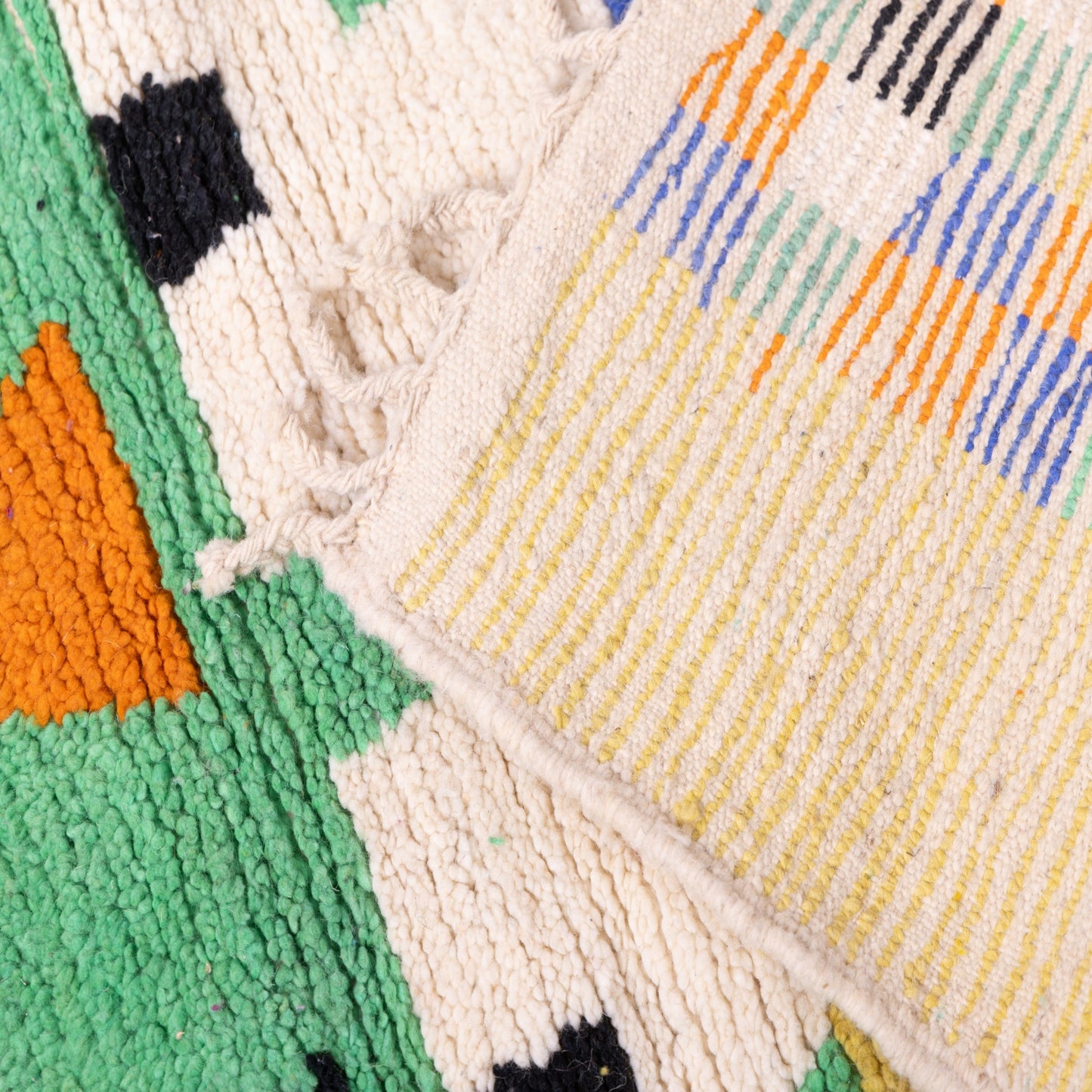 Storyteller Boujad Rug – New Moroccan Wool Rug – Abstract Landscape in Yellow, Green & Blue – Handmade Berber Art Wall Hanging