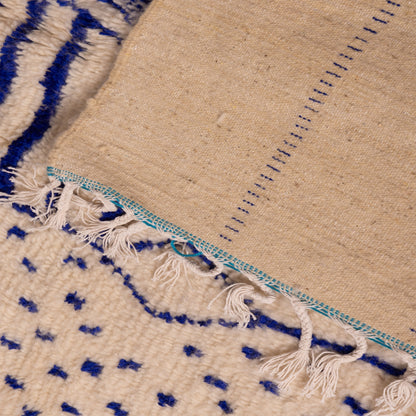 Handmade Azilal Rug - Moroccan Tribal Wool & Cotton Carpet - Abstract Blue Pattern on Cream - Boho Berber Decor