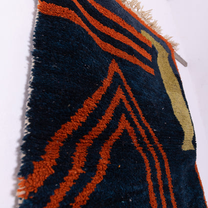 Modern Geometric Boujad Rug – New Moroccan Wool Rug – Indigo, Orange & Olive Wall Art – Minimalist Tribal Handwoven Decor