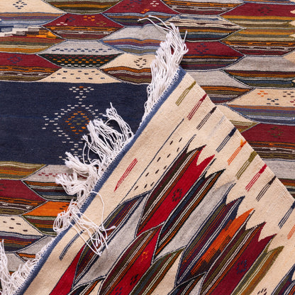 Handwoven Moroccan Akhnif Rug – Authentic Wool & Cotton Kilim with Tribal Patterns ; 6,89 ft / 3,77 ft