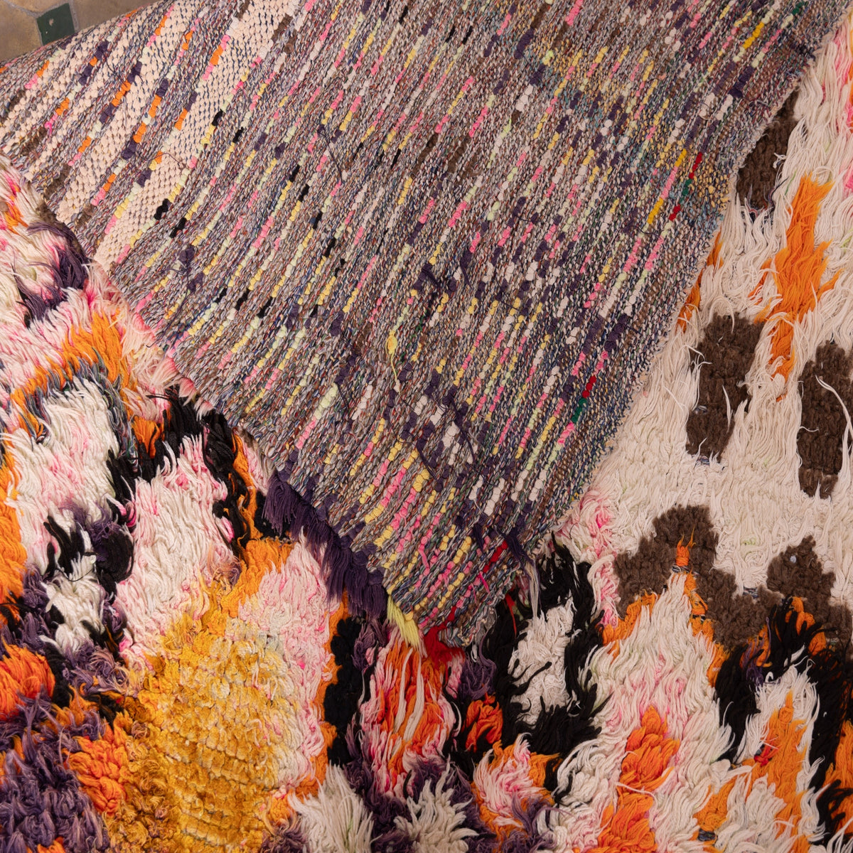 Vintage Moroccan Boucherouite Rug – Handwoven Berber Carpet with Vibrant Orange & Purple Geometric Design