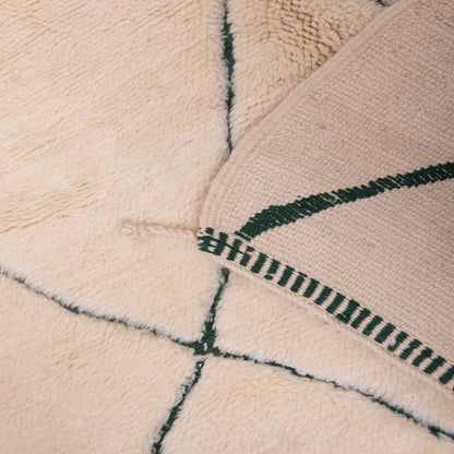 Handwoven Moroccan Beni Ourain Wool Rug – Cream with Geometric Green Diamond Pattern