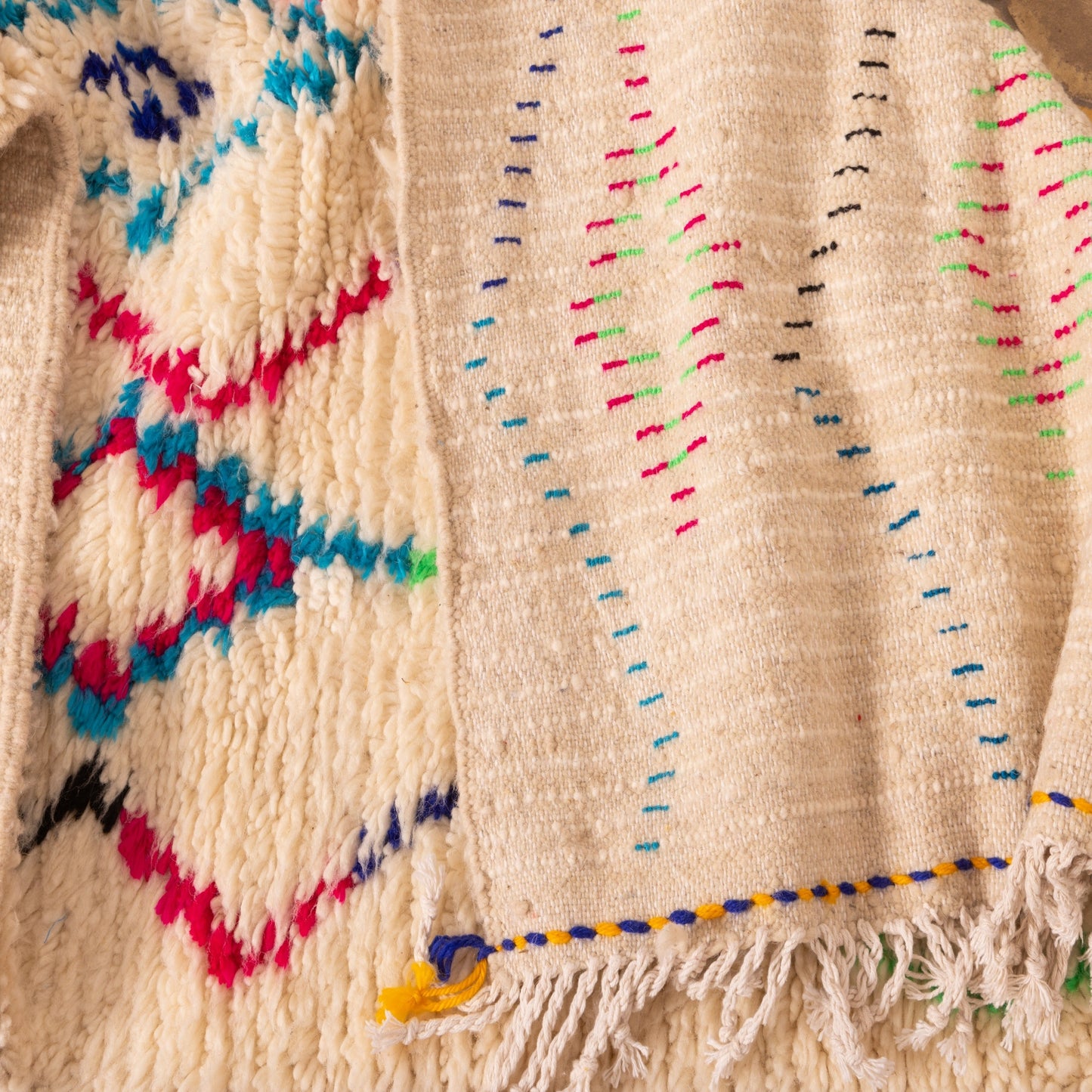 Moroccan Wool Runner Rug - Geometric Diamond Pattern - Handwoven - Colorful Pink, Green, and Yellow