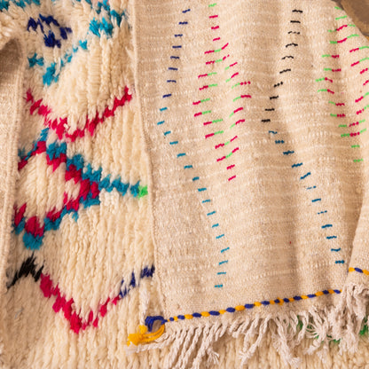 Moroccan Wool Runner Rug - Geometric Diamond Pattern - Handwoven - Colorful Pink, Green, and Yellow