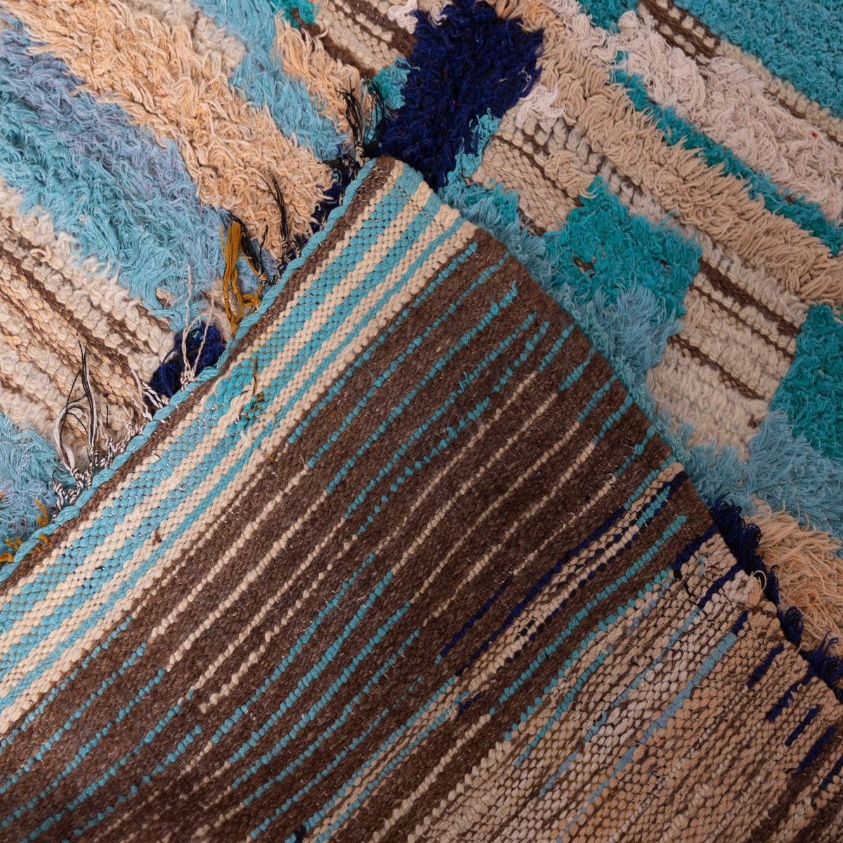 Vintage Moroccan Boucherouite Rug – Handwoven Berber Carpet in Shades of Blue & Beige