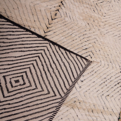 Handwoven Moroccan Mrirt Rug – Luxurious High-Pile Wool Berber Carpet in Black & White Geometric Design ; 11,81 ft / 8,20 ft